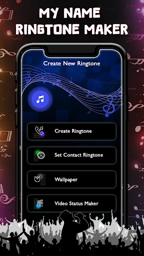 My Name Ringtone Maker app main menu with Create Ringtone, Set Contact Ringtone, Wallpaper, and Video Status options
