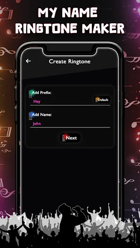 Create Ringtone screen with Add Prefix and Add Name input fields for personalized ringtone maker