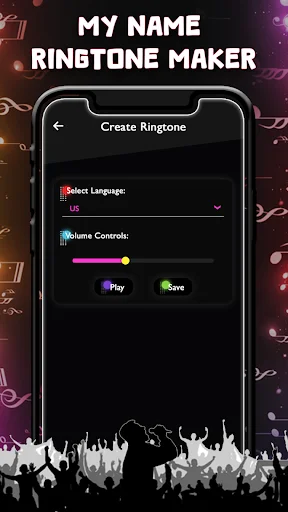 Ringtone creation settings showing language selector, volume control slider, and Play/Save buttons