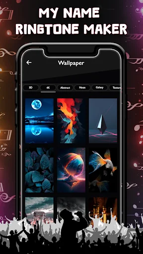Wallpaper gallery showing 3D and nature themed backgrounds for phone personalization