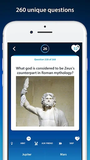 Quiz gameplay displaying question 228 of 260 about Zeus's Roman counterpart with statue image, multiple choice options Jupiter and Mars, and interactive buttons