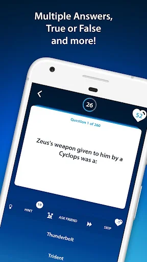 Mythology trivia question asking about Zeus's weapon with multiple choice answers Thunderbolt and Trident, showing question counter and game controls