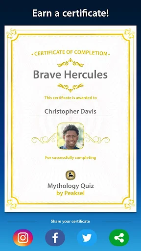 Certificate of completion for Mythology Quiz achievement awarded to player with profile photo and social media sharing buttons for Instagram, Facebook, Twitter