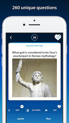 Quiz gameplay displaying question 228 of 260 about Zeus's Roman counterpart with statue image, multiple choice options Jupiter and Mars, and interactive buttons