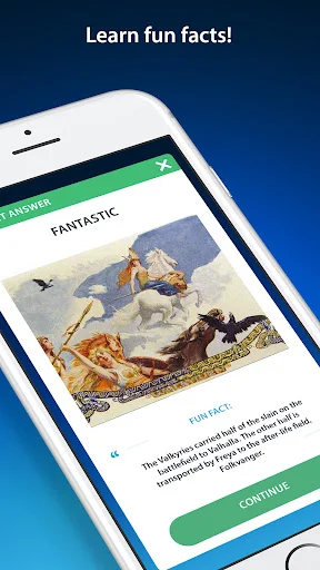 Educational fact screen displaying mythology information about a classical Greek figure with FANTASTIC rating and fun facts, green Continue button