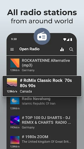 Open Radio app showing list of global FM radio stations including rock, DJ mix, and international stations