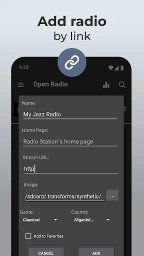 Open Radio add station screen with form fields to manually add custom radio station by streaming URL link