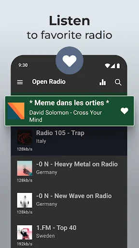 Open Radio favorites screen displaying saved radio stations with currently playing song and heart icon