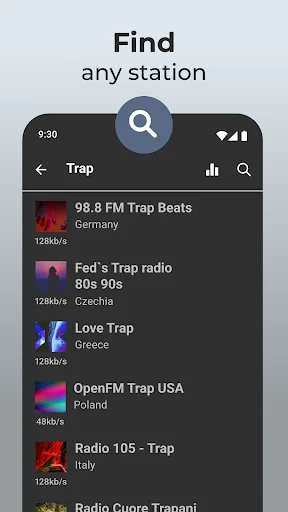Open Radio search results for Trap music genre showing international FM stations from Germany, Italy, Greece