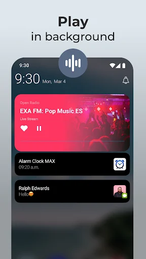 Open Radio background playback widget showing EXA FM Pop Music ES station playing on Android lock screen