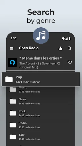 Open Radio browse by music genre menu listing Pop, Music, News, Rock, Radio, and Talk station categories