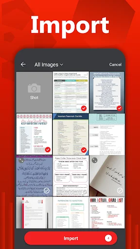 PDF Maker app import screen showing image gallery with multiple documents selected for PDF conversion