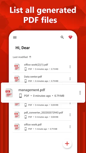 PDF file management screen listing generated documents sorted by last modified date with file details