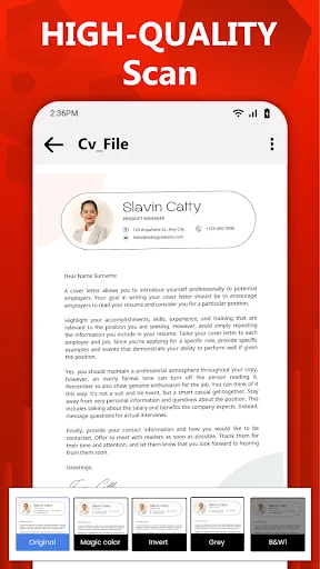 CV document scan with multiple filter options for optimizing scanned document quality and appearance