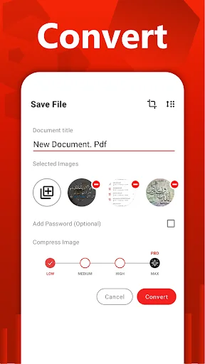 Convert screen in PDF Maker app with document title field, selected images, and compression quality slider
