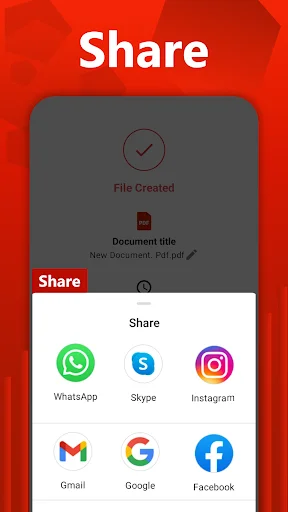 Share screen showing PDF file created successfully with sharing options including WhatsApp, Skype, Instagram