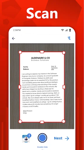 Scan feature in PDF Maker app with document capture interface and adjustable corner detection markers