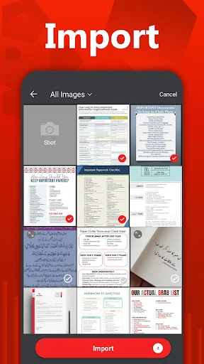 Import images screen in PDF Maker app displaying photo gallery grid for selecting images to convert