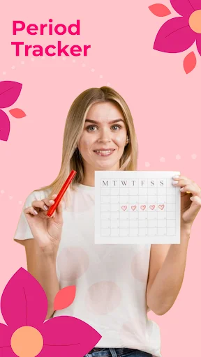 Period Tracker app welcome screen with woman holding menstrual cycle calendar on pink floral background