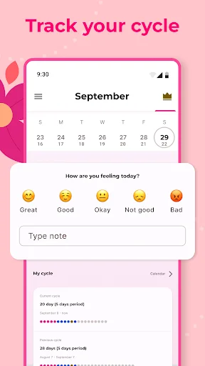 Period cycle tracking interface showing September calendar with mood tracker and cycle length statistics