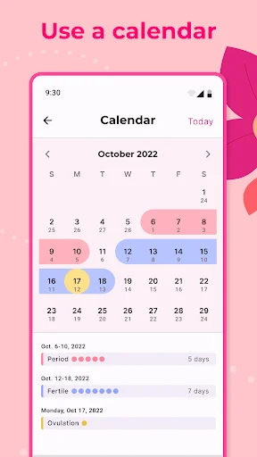 Period calendar view displaying October 2022 with color-coded fertile days and menstrual period tracking