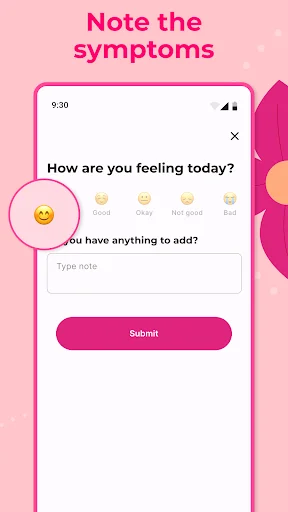 Symptom logging screen with mood emoji selector and notes field for daily menstrual health tracking