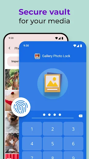 Photo Lock App secure vault login screen with fingerprint authentication and PIN code keypad for media protection
