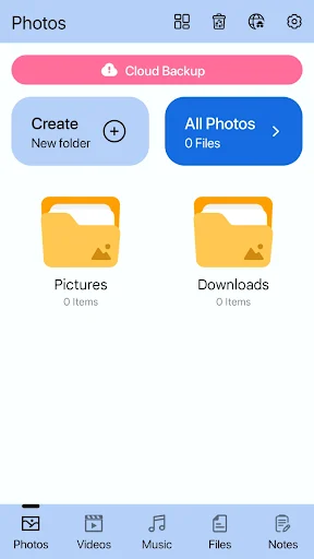 Photo Lock app photos management screen with cloud backup and folder organization for hidden pictures