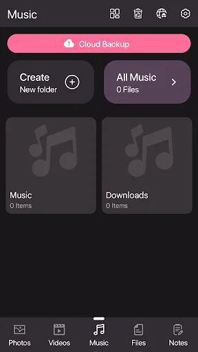 Photo Lock app music management interface with dark mode and cloud backup for audio file protection