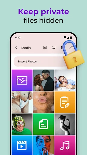 Gallery Photo Lock app media library with locked folders and hidden photos behind security padlock icon
