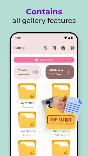 Photo Lock app gallery view showing folders with cloud backup and all photos organized by categories