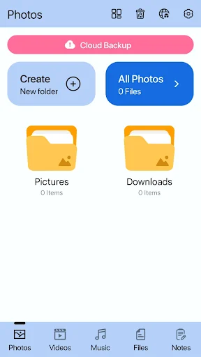 Photo Lock app photos tab showing empty folders with cloud backup and create new folder options