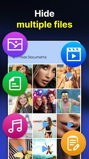 Photo Lock app interface for hiding multiple files including photos, videos, documents and music files
