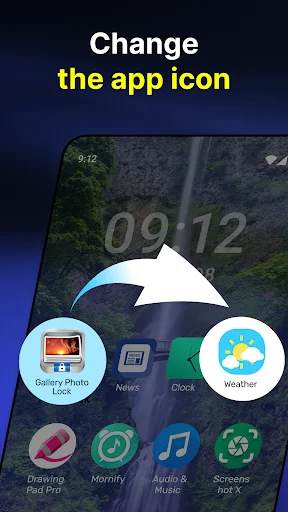 Photo Lock app icon disguise feature showing Gallery Photo Lock transforming into Weather app icon