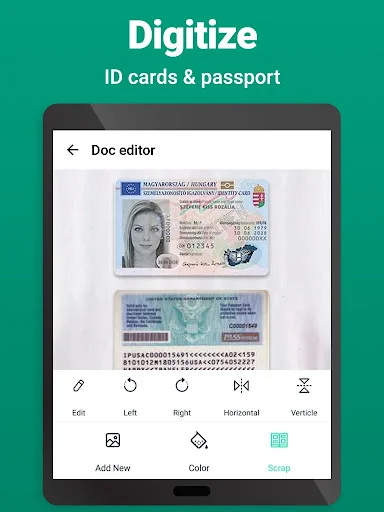 Photo Scanner app digitizing ID card and passport with edit, rotate, and color tools in doc editor