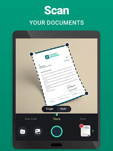 Document scanning interface with perspective correction, single or multi-page mode, and capture button