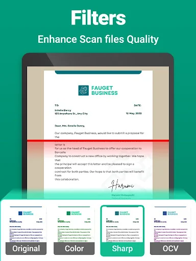 PDF filter options showing original, color, sharp, and OCV modes to enhance scanned document quality