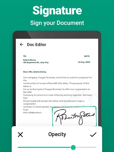 Digital signature feature with opacity slider for signing documents in PDF scanner app