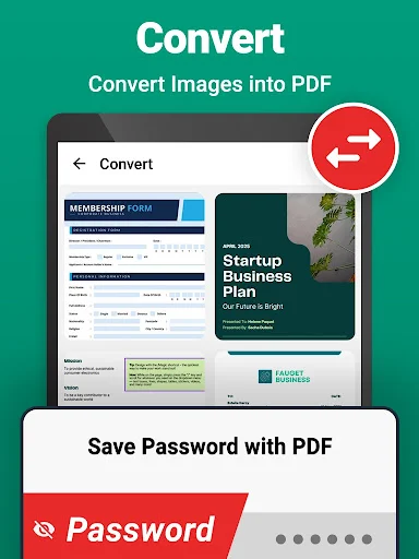 Convert images to password-protected PDF files with multiple document pages in scanner app