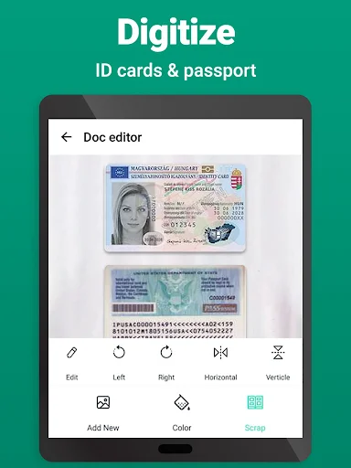 ID card and passport digitization tool with rotation, horizontal flip, and vertical editing options