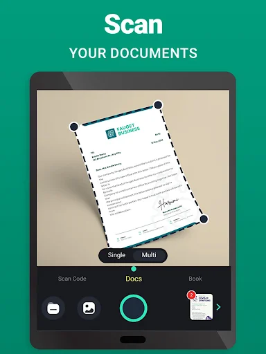 Mobile document scanner camera view with single/multi-page toggle and scan capture interface