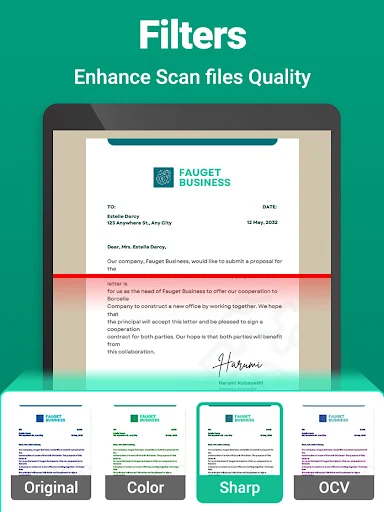 Document enhancement filters including original, color, sharp, and OCV for improving scan quality