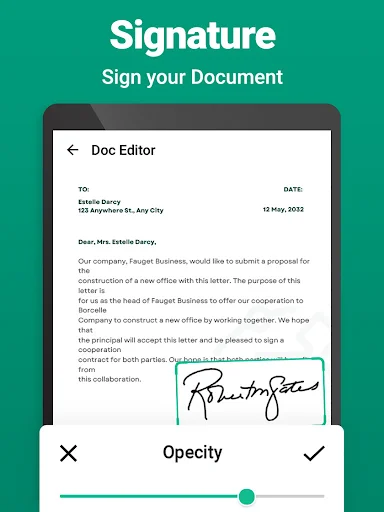 Add handwritten signature to PDF document with adjustable opacity in photo scanner app