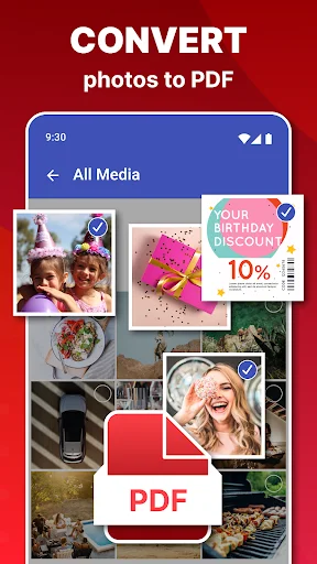 Photos to PDF converter app showing photo gallery selection screen with multiple images and PDF icon