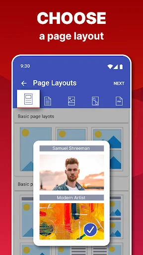 Page layout selection screen in Photos to PDF app with template options and image preview