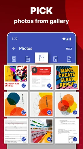Photo gallery selection interface for PDF maker app showing multiple selected images with checkmarks