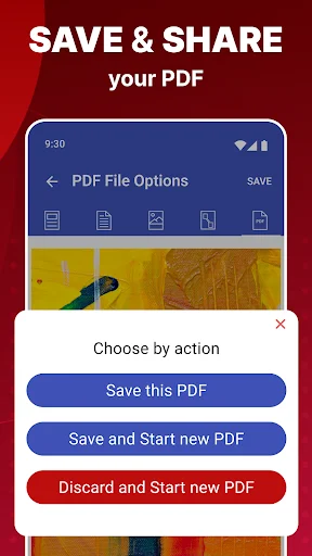 Save and share PDF options dialog in Photos to PDF app with action buttons