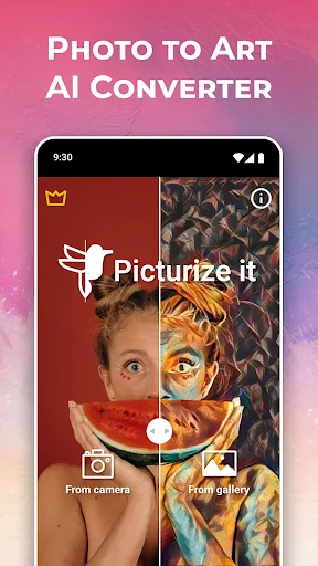 AI Photo to Art Converter app home screen showing before-and-after photo transformation with camera and gallery options