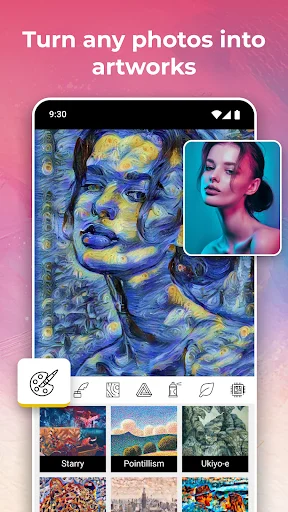 AI-powered photo to artwork converter showing portrait with Starry, Pointillism, and Ukiyo-e style filters