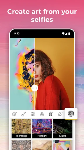 Create art from selfies feature with artistic style filters like Microchip, Pixel art, and Matrix effects